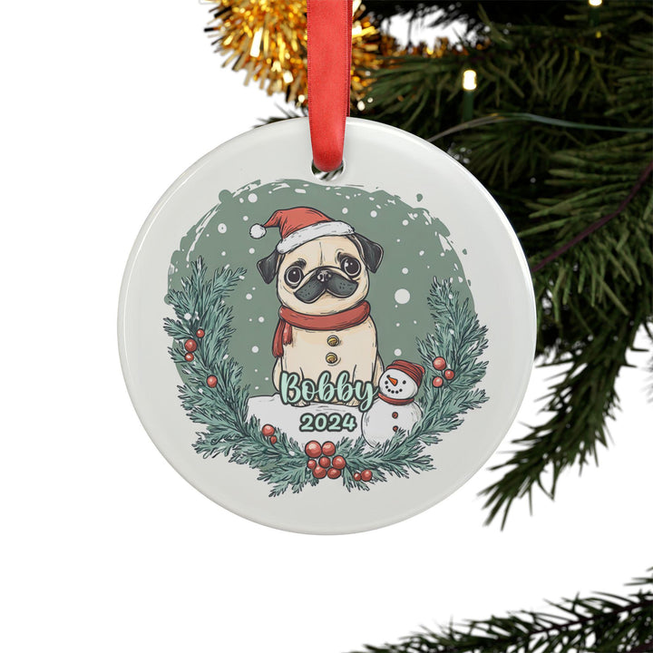 Personalized Christmas Pug Ornament – Double-Sided Acrylic Custom Ornament – Fawn or Black Pug 1st Christmas Gift – Holiday Tree Decoration