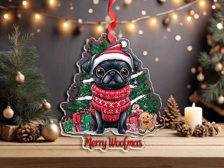 Black Pug dog Christmas Ornament/ Pet Lover Gift/ acrylic Car Hanging Ornament/ festive holiday decoration Xmas present for her him owner