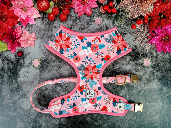 Pink Christmas dog harness - Poinsettia and roses