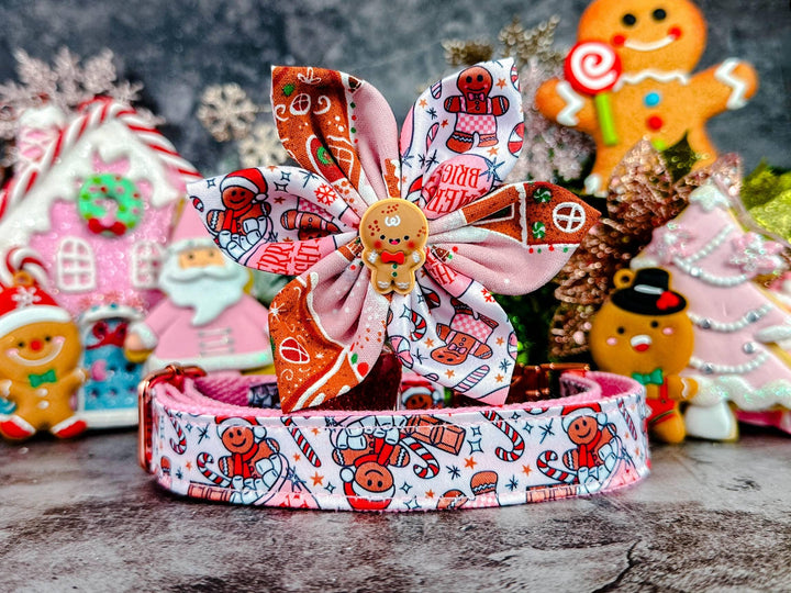 Dog collar with flower - Pink Christmas gingerbread and marshmallow