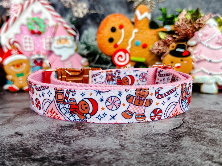 Christmas dog collar - pink Christmas gingerbread man and marshmallow