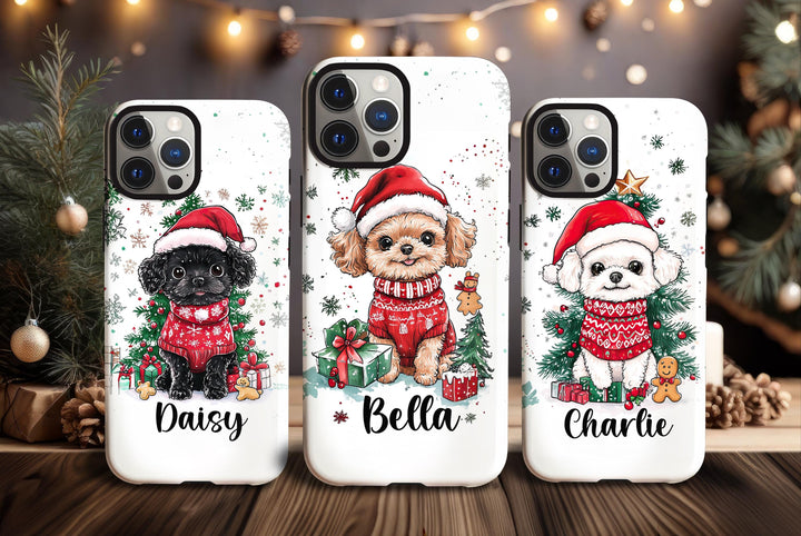 custom Christmas poodle maltes bichon phone case/ winter white black fawn dog phone cover/ samsung iphone case/ gift for dog lover owner her