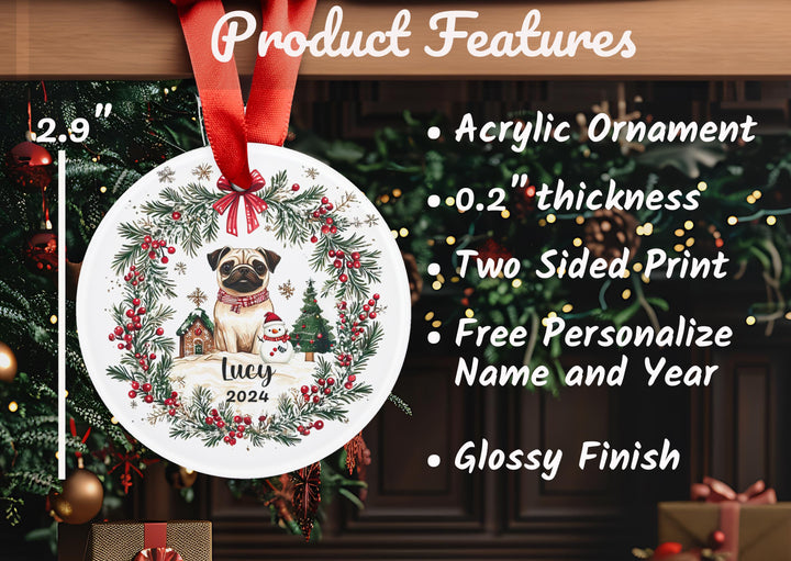 Personalized Christmas Pug Ornament – Double-Sided Acrylic Custom Ornament – Fawn or Black Pug 1st Christmas Gift – Holiday Tree Decoration