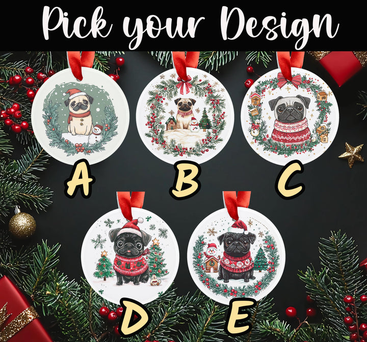 Personalized Christmas Pug Ornament – Double-Sided Acrylic Custom Ornament – Fawn or Black Pug 1st Christmas Gift – Holiday Tree Decoration