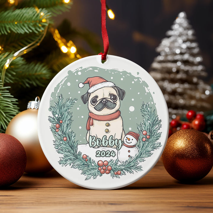 Personalized Christmas Pug Ornament – Double-Sided Acrylic Custom Ornament – Fawn or Black Pug 1st Christmas Gift – Holiday Tree Decoration