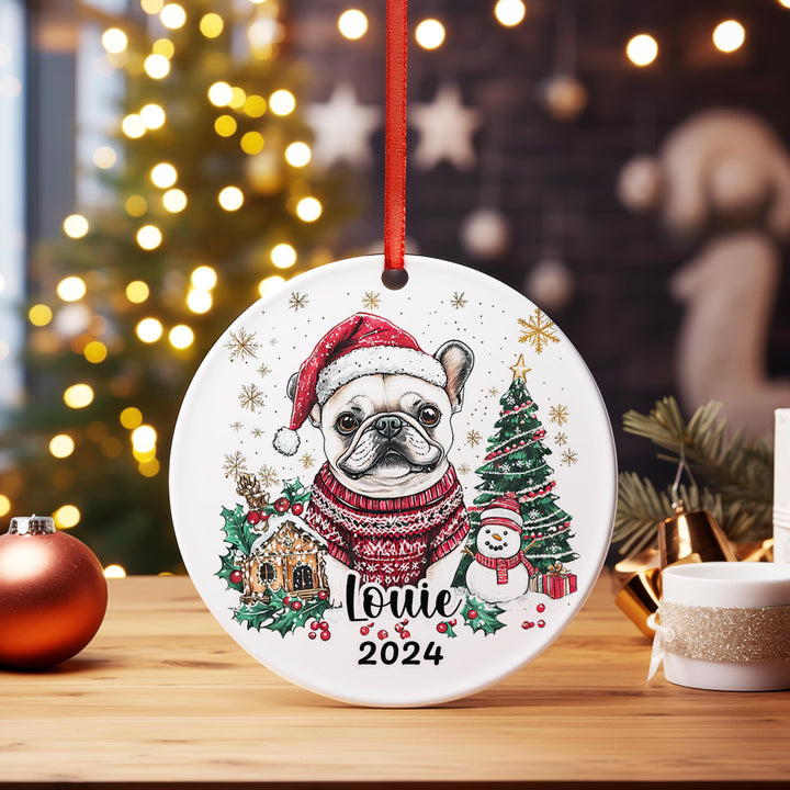 Personalized Cream French Bulldog Christmas Ornament – Double-Sided Acrylic Custom Holiday Decoration – First Christmas Gift for Dog Lovers