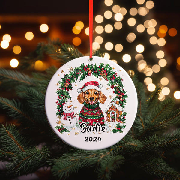 Personalized Dachshund Christmas Ornament – Double-Sided Acrylic Custom Dog Ornament – Cute Sausage Dog 1st Xmas Gift – Holiday Decoration