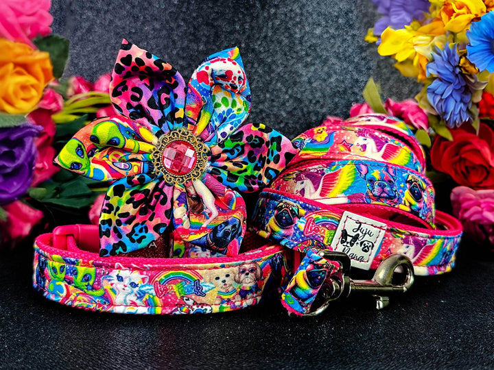 dog collar with flower - rainbow 90's girl