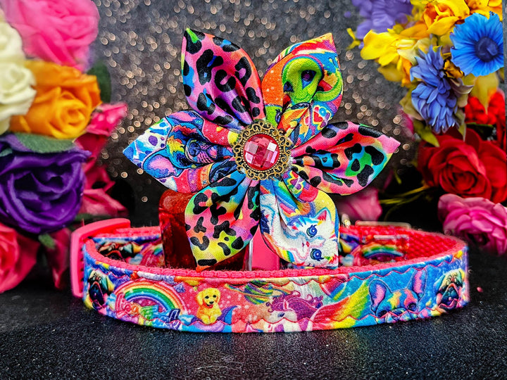 dog collar with flower - rainbow 90's girl