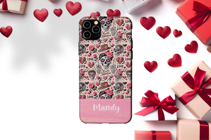 Pink Valentine sugar skull skeleton iphone case/ leopard heart custom tough phone cover/ punk Personalized Samsung Phone Case/ gift for her