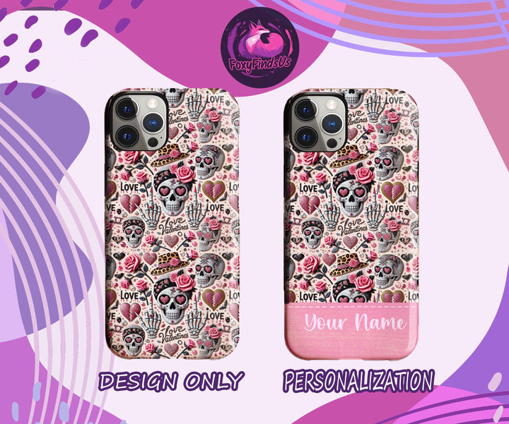 Pink Valentine sugar skull skeleton iphone case/ leopard heart custom tough phone cover/ punk Personalized Samsung Phone Case/ gift for her