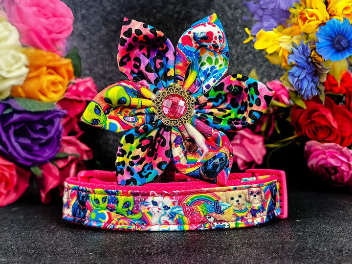 dog collar with flower - rainbow 90's girl