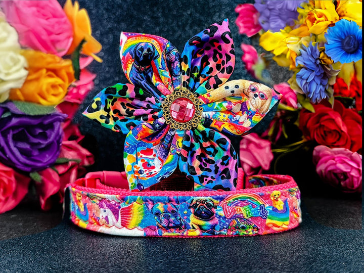 dog collar with flower - rainbow 90's girl