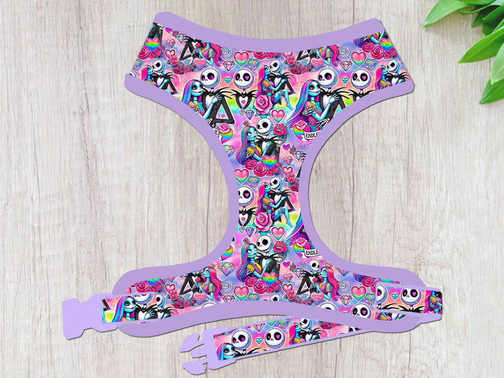 Valentine Nightmare dog harness vest/ jack sally skellington dog harness/ neon rainbow heart rose dog harness/ spring designer dog harness