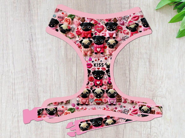 pink black fawn pug dog harness vest/ valentine girl dog harness/ cute boy dog harness/ kiss heart fabric dog harness/ spring summer dog