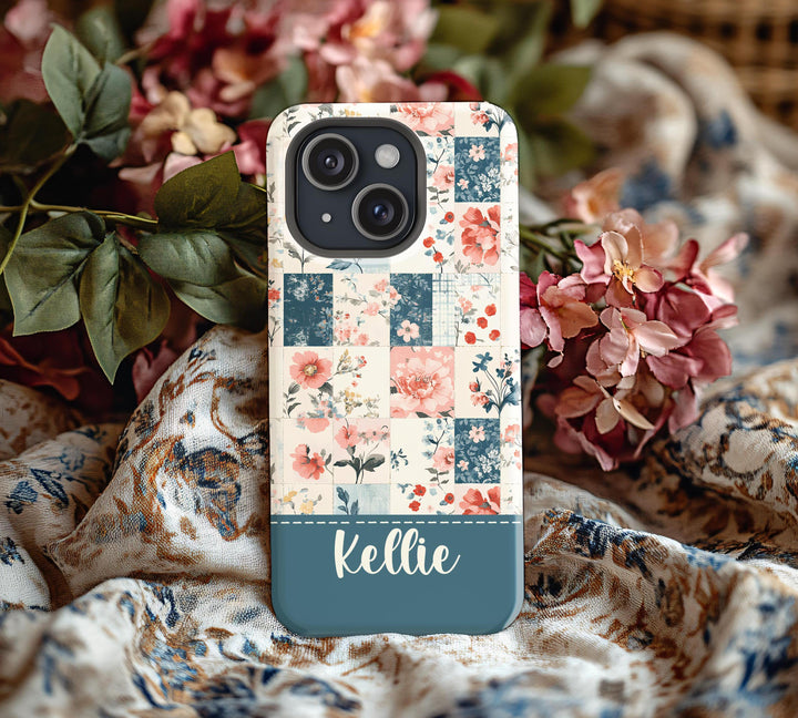 Vintage Patchwork Plaid Floral tough iPhone Case/ MagSafe magnet Flower Phone Cover/ Custom Personalized Samsung Case/ retro Gift for Her