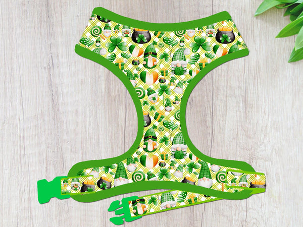 St. Patrick's dog harness/ boy girl dog harness vest/ green shamrock gnome harness/ small medium dog harness/ stripes puppy fabric harness