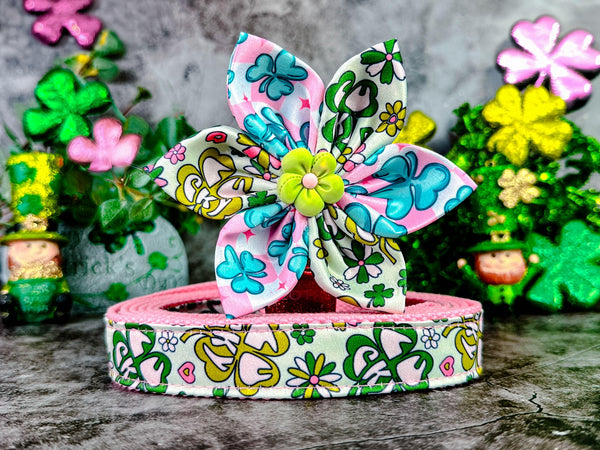 pink St Patrick's day shamrock dog collar flower/ girl floral clover collar/ st paddy st patty collar/ large small puppy fabric dog collar