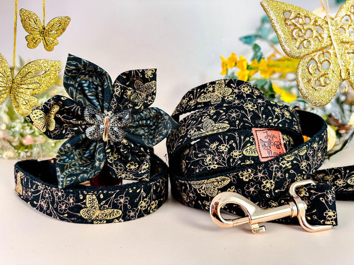 black gold butterfly dog collar Flower/ Japanese kimono collar/ Girl floral dog collar/ glitter metallic Medium Large small puppy dog collar