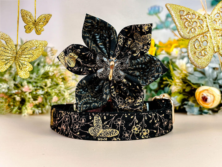 black gold butterfly dog collar Flower/ Japanese kimono collar/ Girl floral dog collar/ glitter metallic Medium Large small puppy dog collar