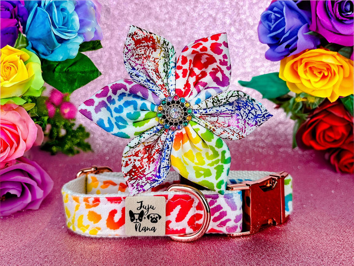 rainbow leopard dog collar flower/ lisa frank 90's girl dog collar/ cheetah pride dog collar/ Large medium dog collar/ small Puppy collar