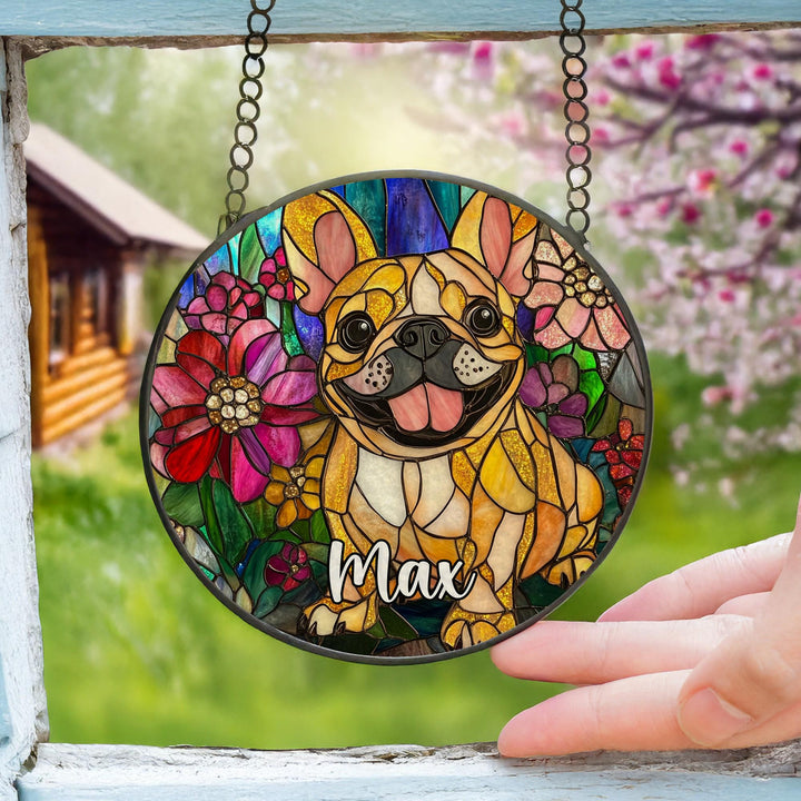 Fawn French Bulldog Stained Glass Suncatcher/ Personalized Dog Print/ Custom Pet Name Gift for Frenchie Lovers, Dog Mom Dad window Decor