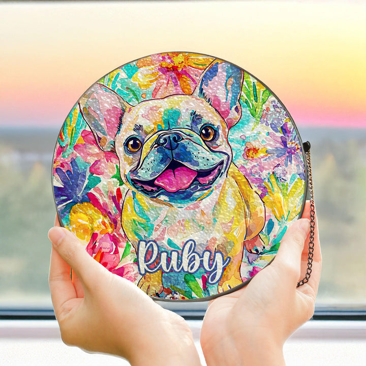 Cream Frenchie Stained Glass Suncatcher/ Custom Pet Name memorial for French bulldog Lovers/ Dog Mom Dad window Decor/ Personalized Dog gift