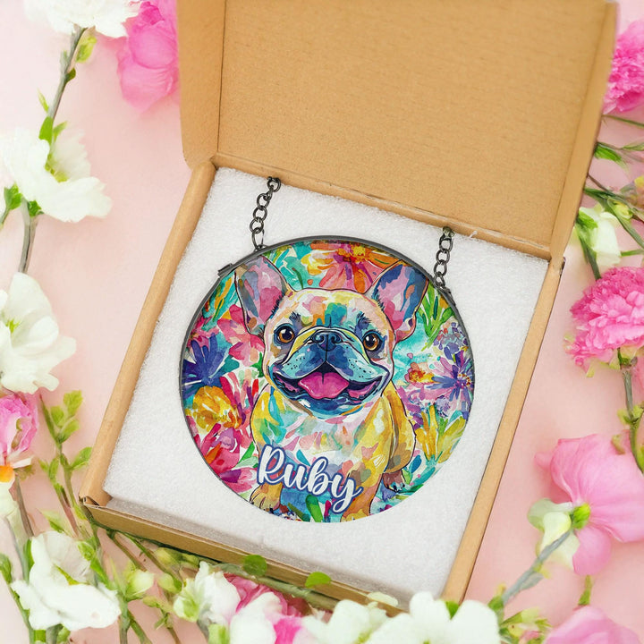 Cream Frenchie Stained Glass Suncatcher/ Custom Pet Name memorial for French bulldog Lovers/ Dog Mom Dad window Decor/ Personalized Dog gift