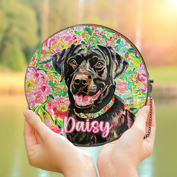 Black labrador retriever Stained Glass Suncatcher/ personalized Preppy floral window decor/ Custom Pet Name memorial gift for dog Lover Mom