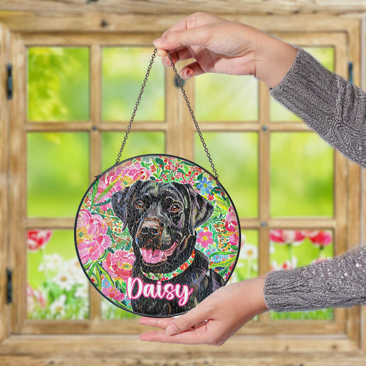 Black labrador retriever Stained Glass Suncatcher/ personalized Preppy floral window decor/ Custom Pet Name memorial gift for dog Lover Mom