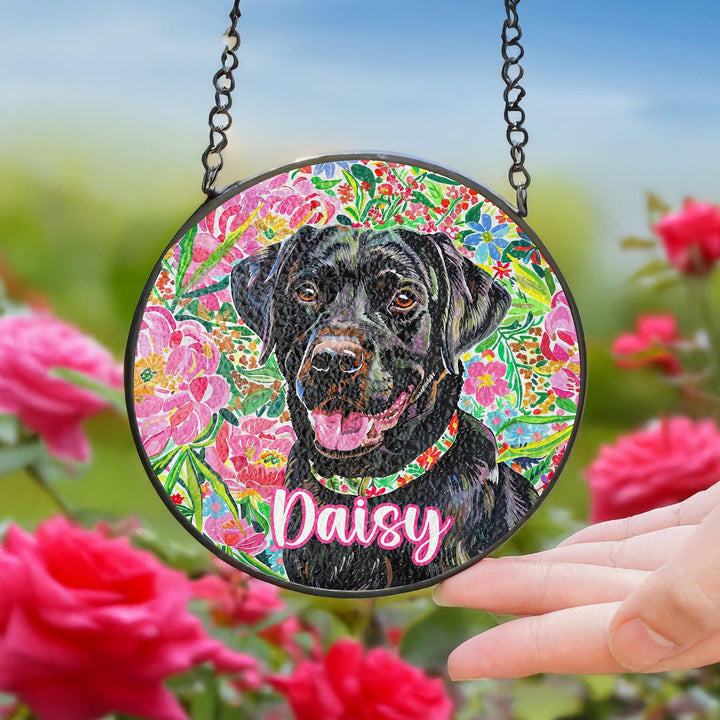 Black labrador retriever Stained Glass Suncatcher/ personalized Preppy floral window decor/ Custom Pet Name memorial gift for dog Lover Mom