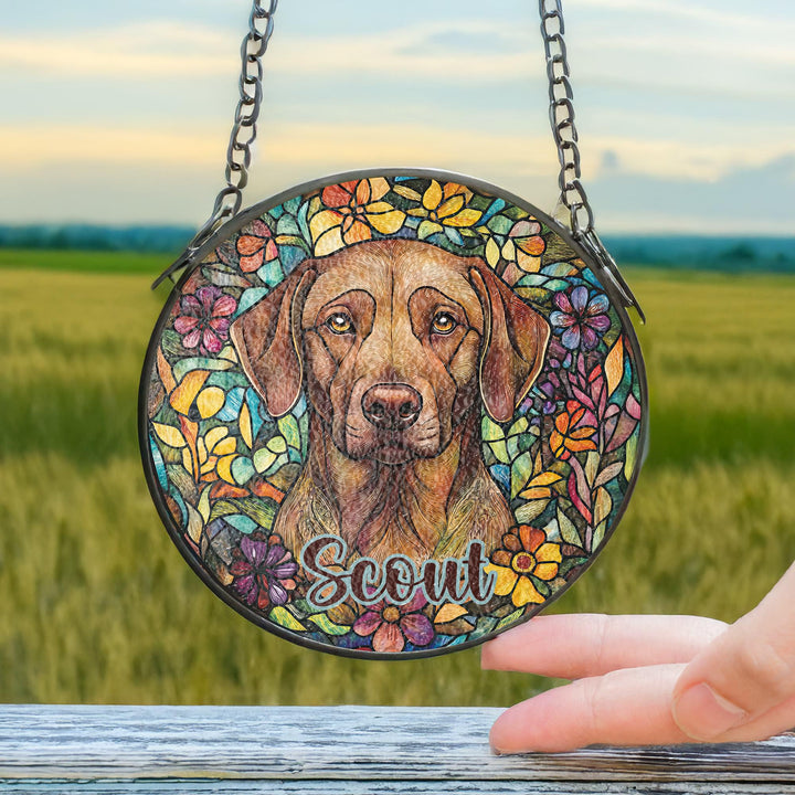 Chocolate labrador retriever Stained Glass Suncatcher/ Custom Pet Name memorial present/ Dog Mom Dad window Decor/ Personalized Dog gift