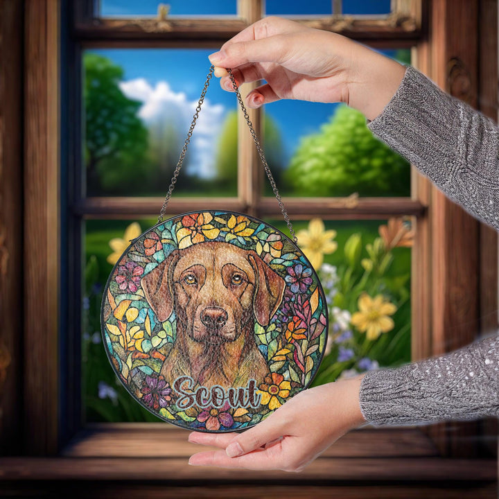 Chocolate labrador retriever Stained Glass Suncatcher/ Custom Pet Name memorial present/ Dog Mom Dad window Decor/ Personalized Dog gift