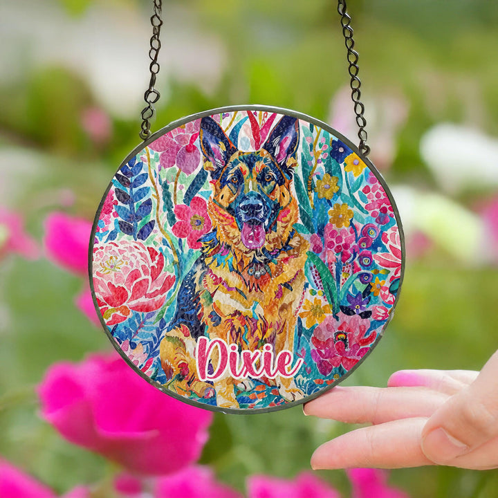german shepherd Stained Glass Suncatcher/ Floral GSD window decor/ Personalized Pet Name memorial Gift/ custom gift for her him dog mom dad