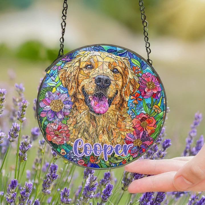 Custom golden retriever flower Stained Glass Suncatcher/ personalized Pet Name dog memorial Gift/ Dog Mom Dad lover floral window home Decor