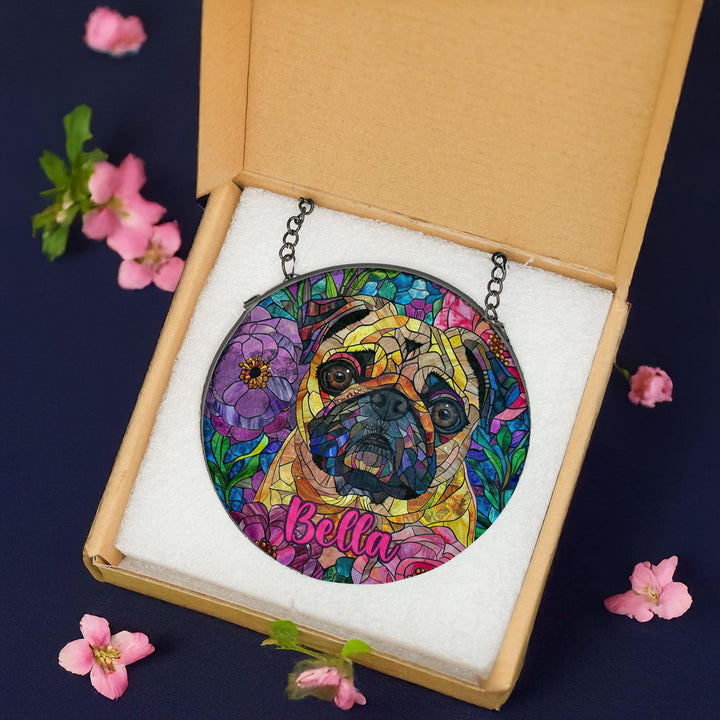 Custom Fawn Pug Stained Glass Suncatcher/ Personalized memorial Pet Name Gift for dog Lover mom/ Floral home window Decor/ gift for her him