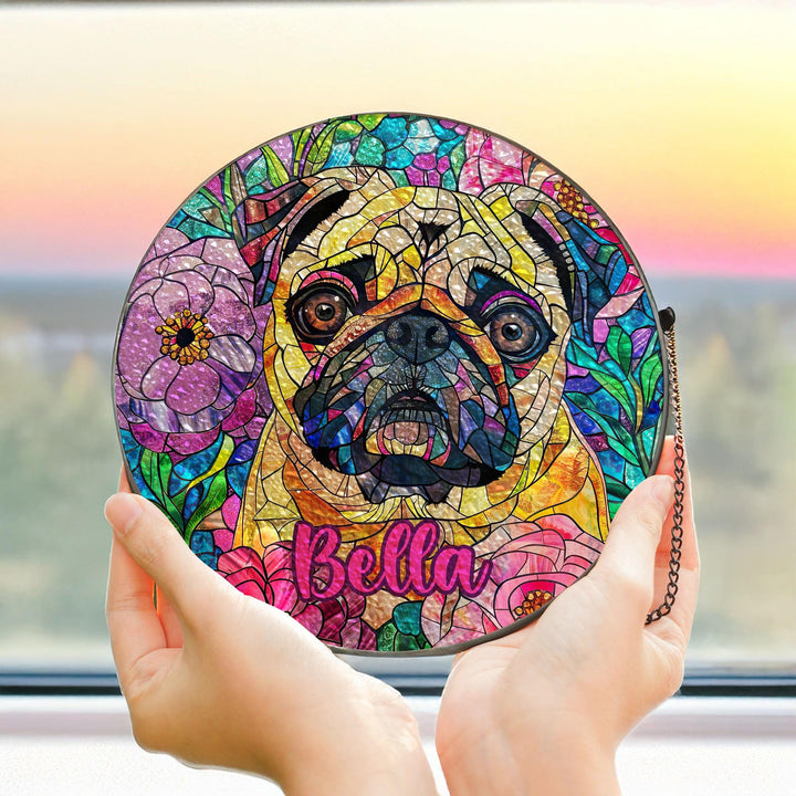Custom Fawn Pug Stained Glass Suncatcher/ Personalized memorial Pet Name Gift for dog Lover mom/ Floral home window Decor/ gift for her him