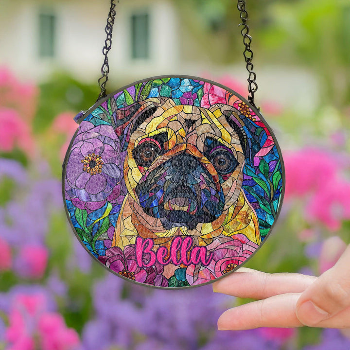 Custom Fawn Pug Stained Glass Suncatcher/ Personalized memorial Pet Name Gift for dog Lover mom/ Floral home window Decor/ gift for her him