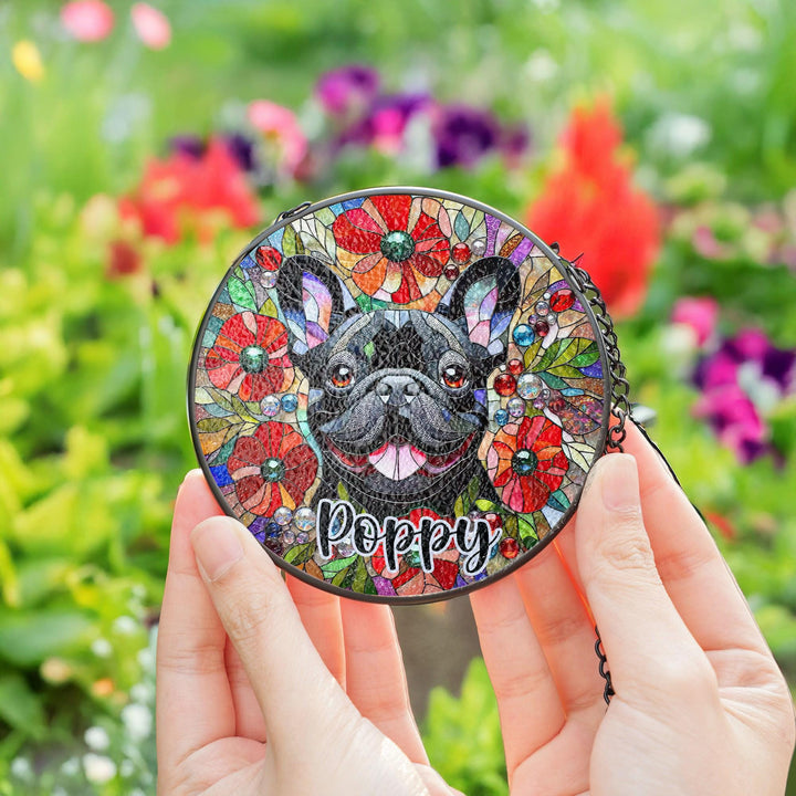 Black French Bulldog poppy Stained Glass Suncatcher/ Personalized Brindle Frenchie Dog window decor/ Custom Pet Name Gift for Dog Mom Dad