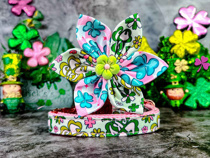 pink St Patrick's day shamrock dog collar flower/ girl floral clover collar/ st paddy st patty collar/ large small puppy fabric dog collar