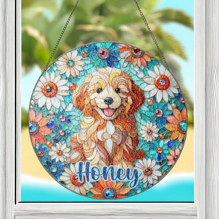 golden doodle bichon cocka poodle dog Suncatcher decor/ Custom Pet Name stained glass memorial Gift/ Dog Mom Dad daisy home window Decor