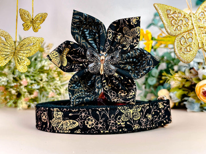 black gold butterfly dog collar Flower/ Japanese kimono collar/ Girl floral dog collar/ glitter metallic Medium Large small puppy dog collar