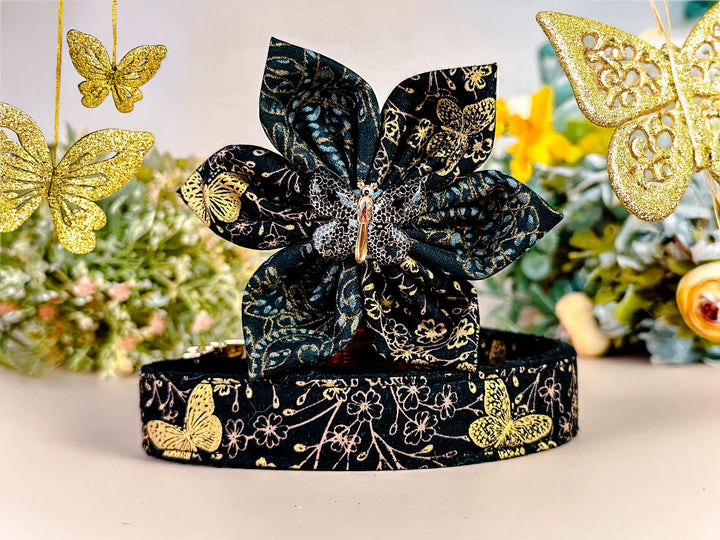 black gold butterfly dog collar Flower/ Japanese kimono collar/ Girl floral dog collar/ glitter metallic Medium Large small puppy dog collar