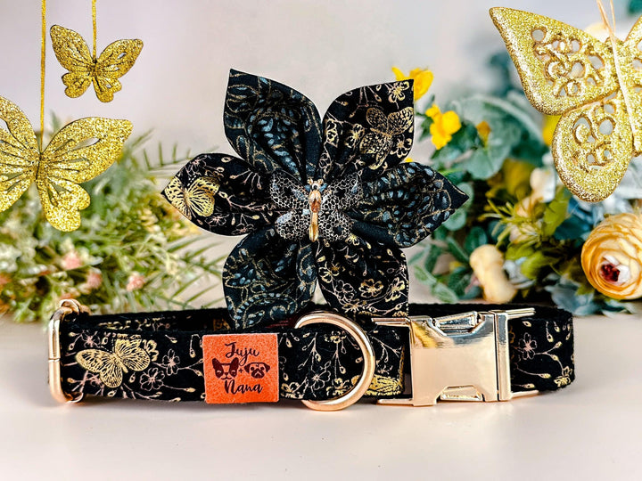 black gold butterfly dog collar Flower/ Japanese kimono collar/ Girl floral dog collar/ glitter metallic Medium Large small puppy dog collar