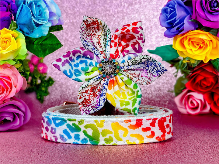 rainbow leopard dog collar flower/ lisa frank 90's girl dog collar/ cheetah pride dog collar/ Large medium dog collar/ small Puppy collar