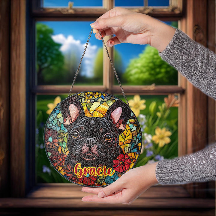 Black French Bulldog floral Stained Glass Suncatcher/ Personalized Brindle Frenchie Dog window decor/ Custom Pet Name Gift for Dog Mom Dad