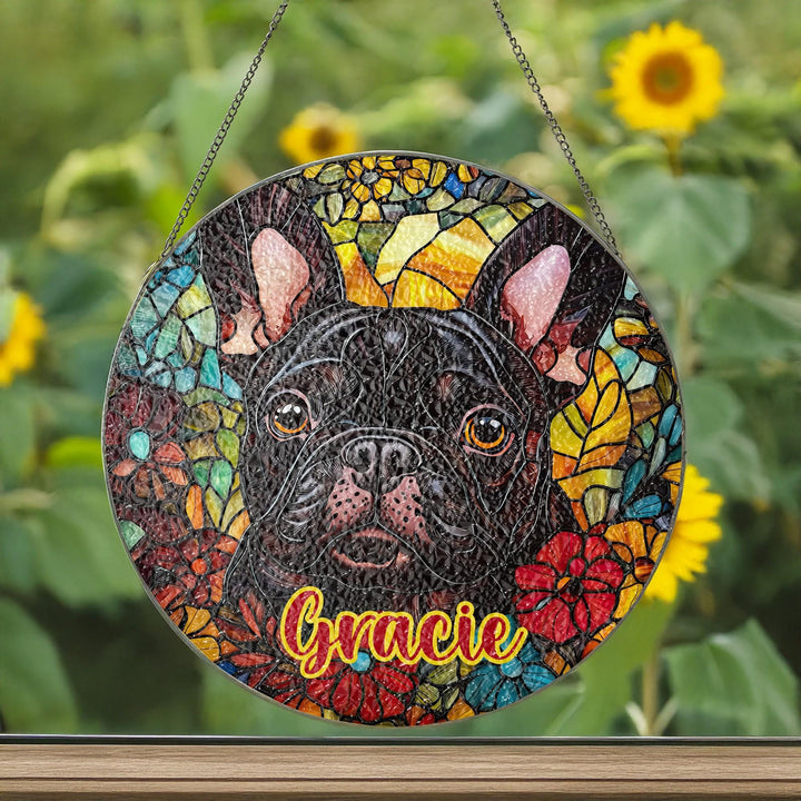 Black French Bulldog floral Stained Glass Suncatcher/ Personalized Brindle Frenchie Dog window decor/ Custom Pet Name Gift for Dog Mom Dad