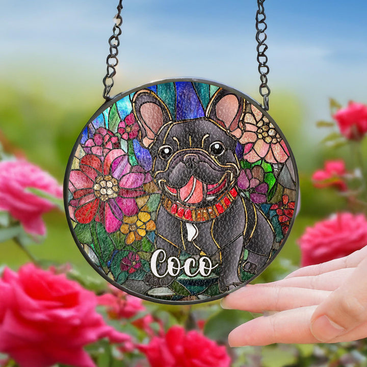 French Bulldog Stained Glass Suncatcher/ Personalized Dog Print/ Custom memorial Pet Name Gift for Frenchie Lovers/ Dog Mom Dad window Decor