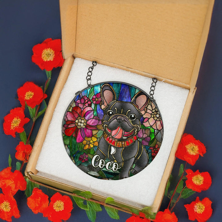 French Bulldog Stained Glass Suncatcher/ Personalized Dog Print/ Custom memorial Pet Name Gift for Frenchie Lovers/ Dog Mom Dad window Decor
