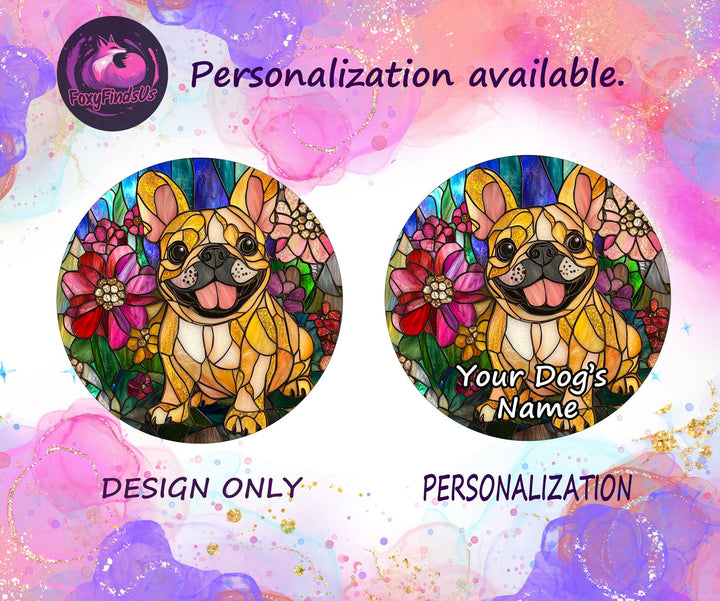 Custom Fawn Pug Stained Glass Suncatcher/ Personalized memorial Pet Name Gift for dog Lover mom/ Floral home window Decor/ gift for her him